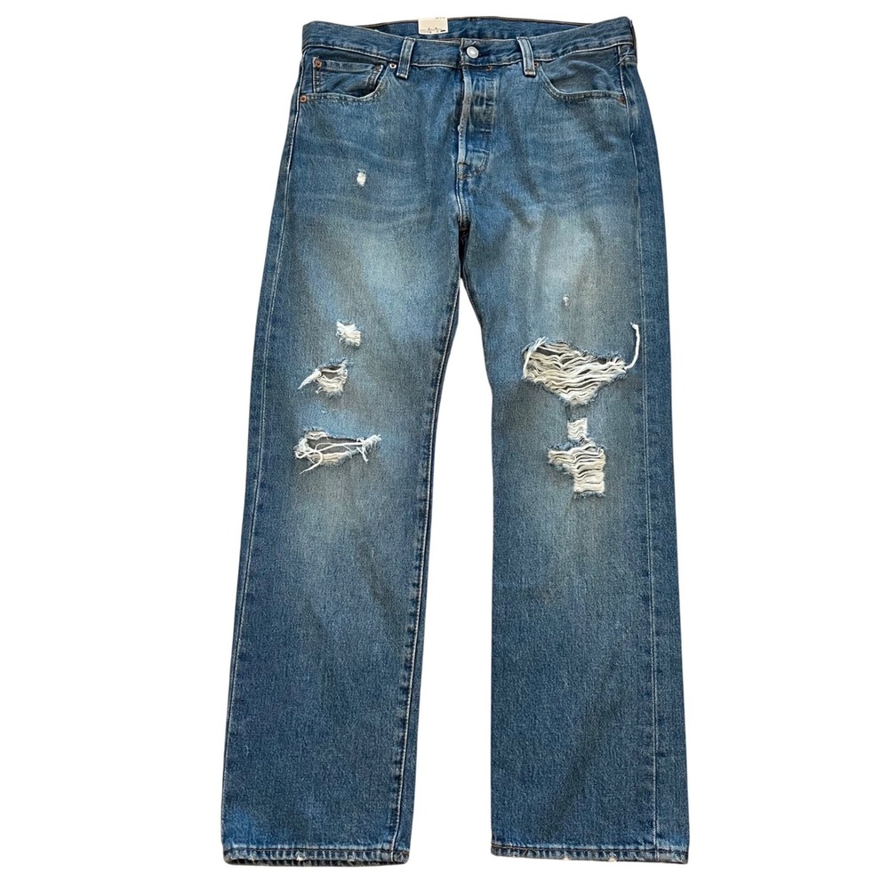 Levis 501 Original Fit Straight Leg Distressed Blue Denim Jeans Mens 34x30